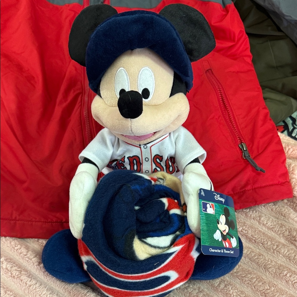 Disney Mickey Mouse Baseball Plush with Red and Blue Blanket